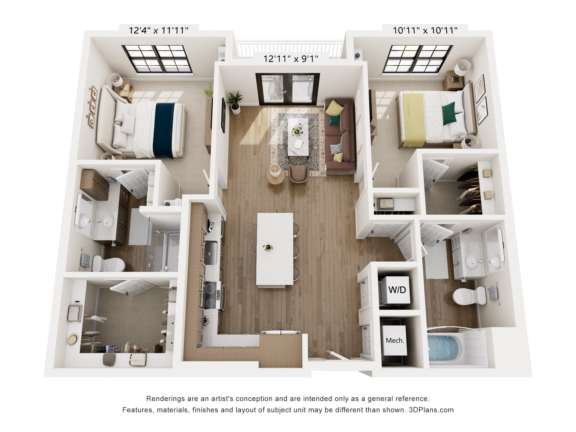 Floor plan for 2 beds, 2 baths, 1081 sqft